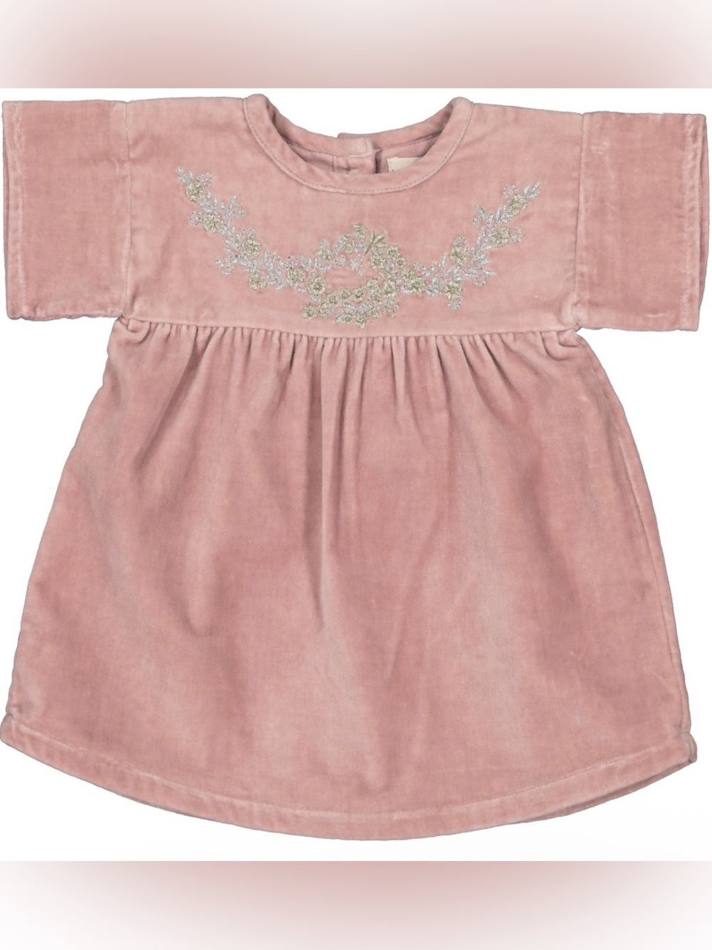 Louis Louise Blush Pink Velvet Baby Dress with Silver Embroidery